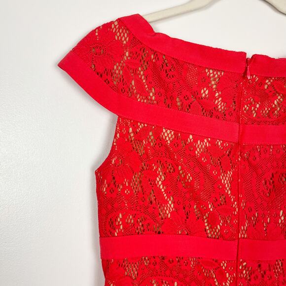 Adrianna Papell Red Coral Lace Sheath Midi Knee Length Cocktail Dress Size US 4 - Picture 5 of 8